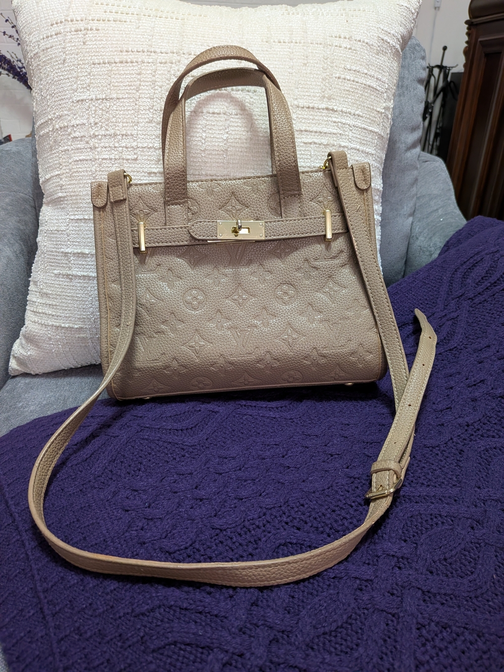 Taupe Leather Top-Handle Mini Satchel with Shoulder Strap